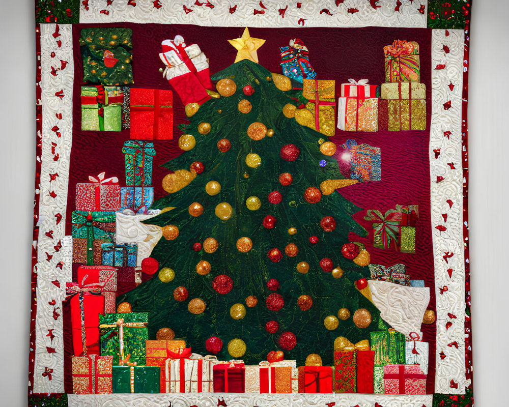 Festive Christmas quilt with green tree, golden baubles, wrapped gifts, and holiday motifs