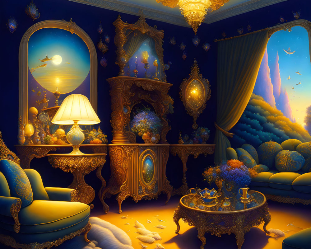 Luxurious Room with Golden Furniture, Blue Walls, Plush Seating, Grand Mirror, Chandelier