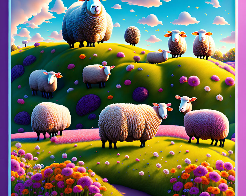 Colorful Sheep Illustration on Rolling Hillside with Flowers and Sky