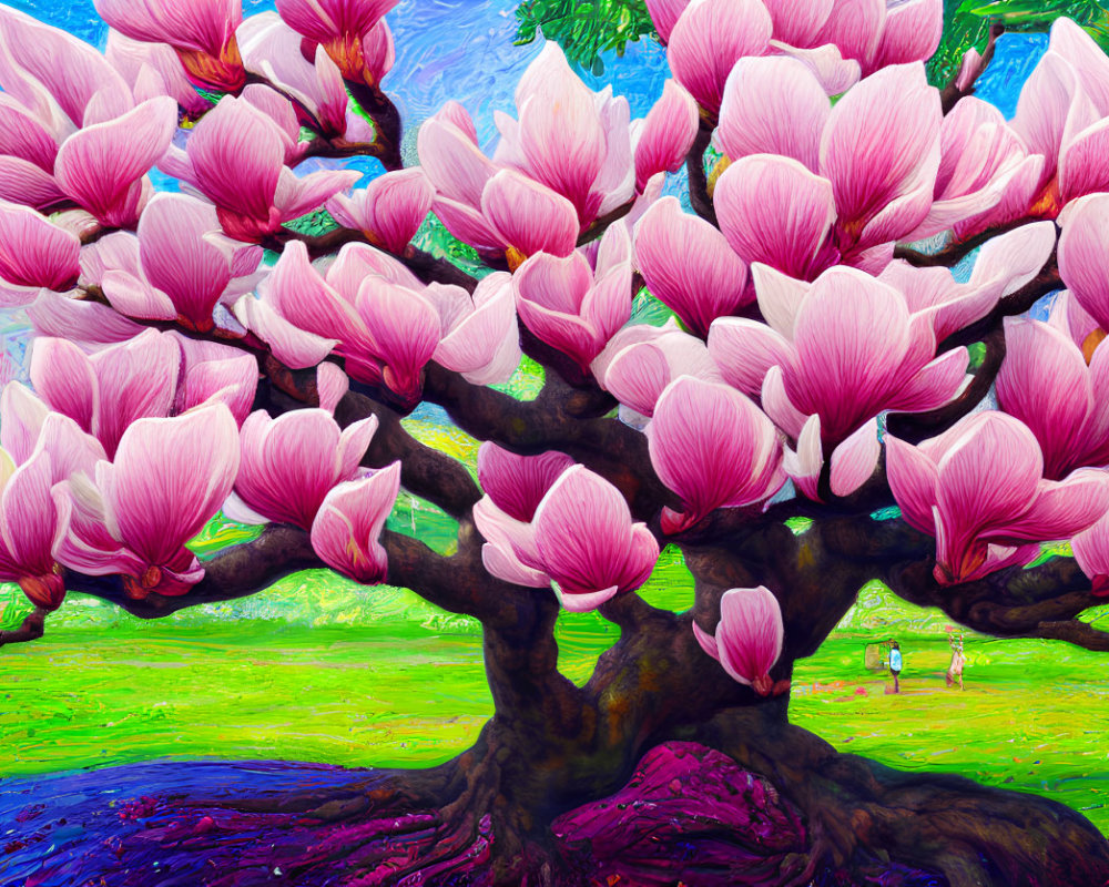 Colorful painting of large magnolia tree with pink blossoms under blue sky.