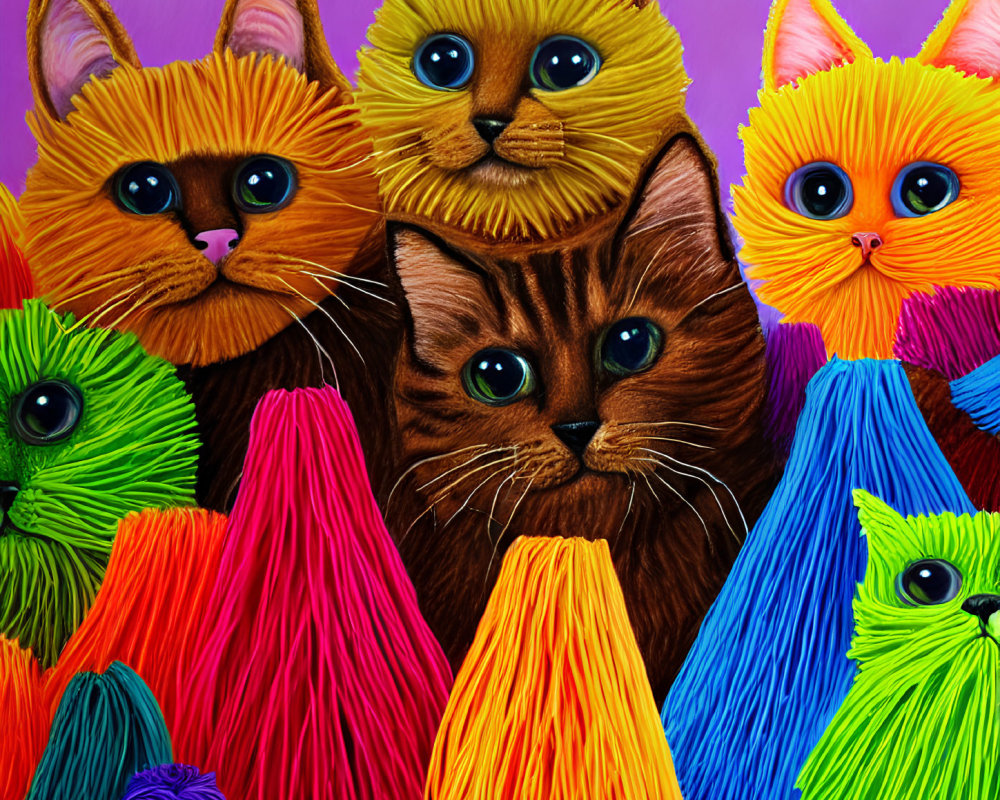 Vibrant Illustration of Five Cats in Colorful Textured Coverings