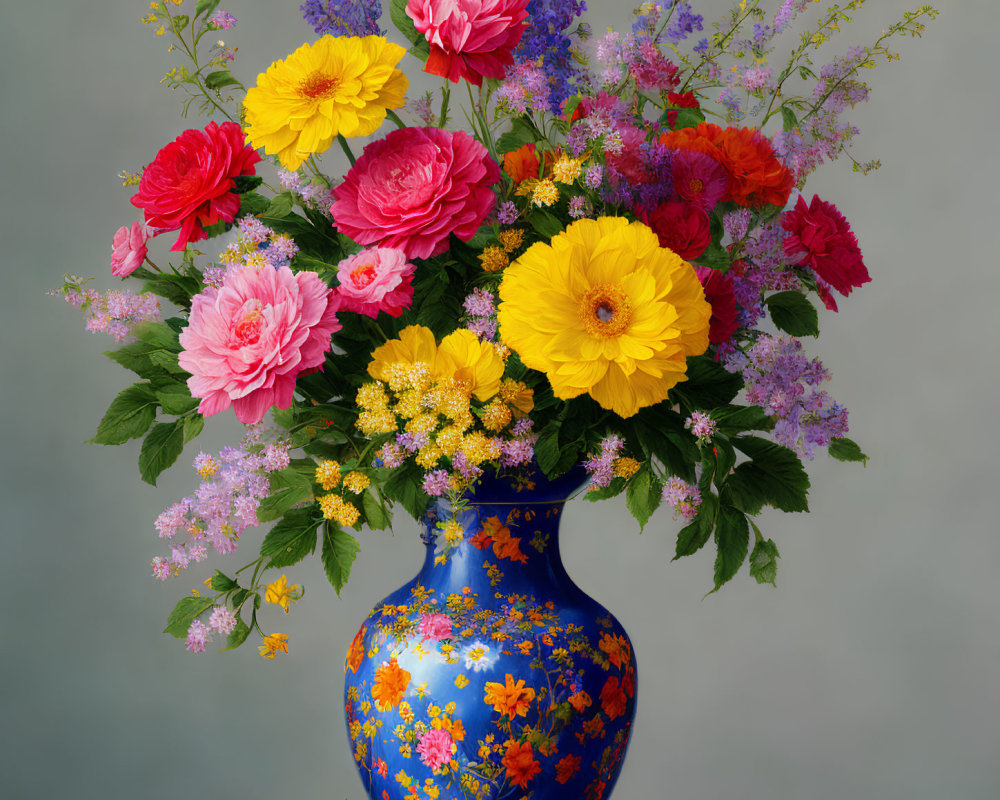 Colorful Flower Bouquet in Blue Vase on Neutral Background