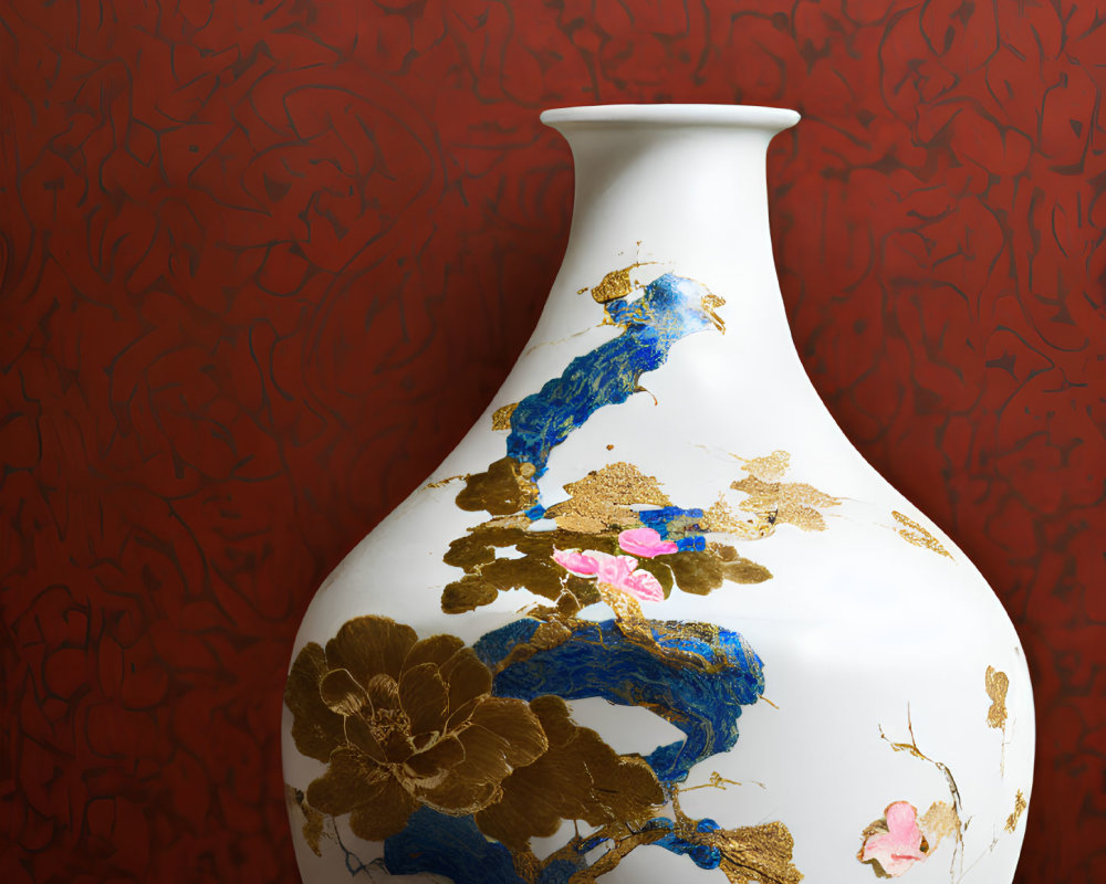 White Vase with Gold and Blue Floral Patterns on Red Textured Wall