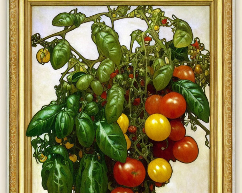 Realistic painting of lush tomato plant with ripe red and yellow tomatoes and green basil leaves in ornate
