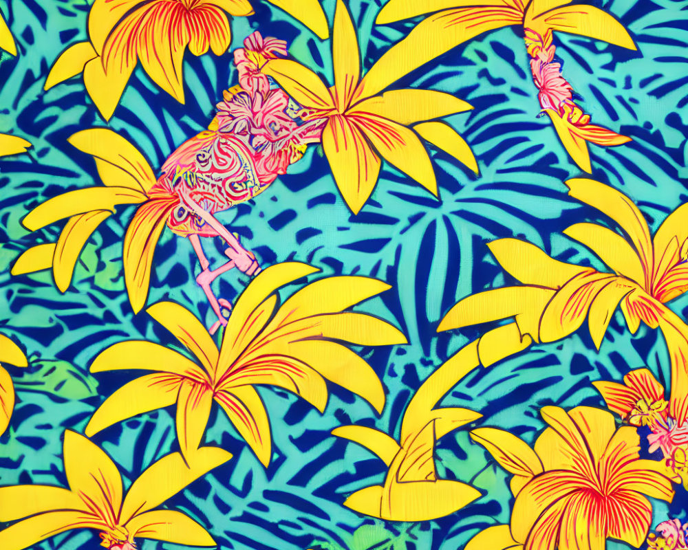 Colorful Tropical Pattern with Yellow Flowers, Pink Seahorses, and Leaf Designs