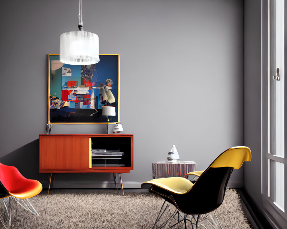Mid-Century Modern Living Room with Orange and Red Lounge Chair