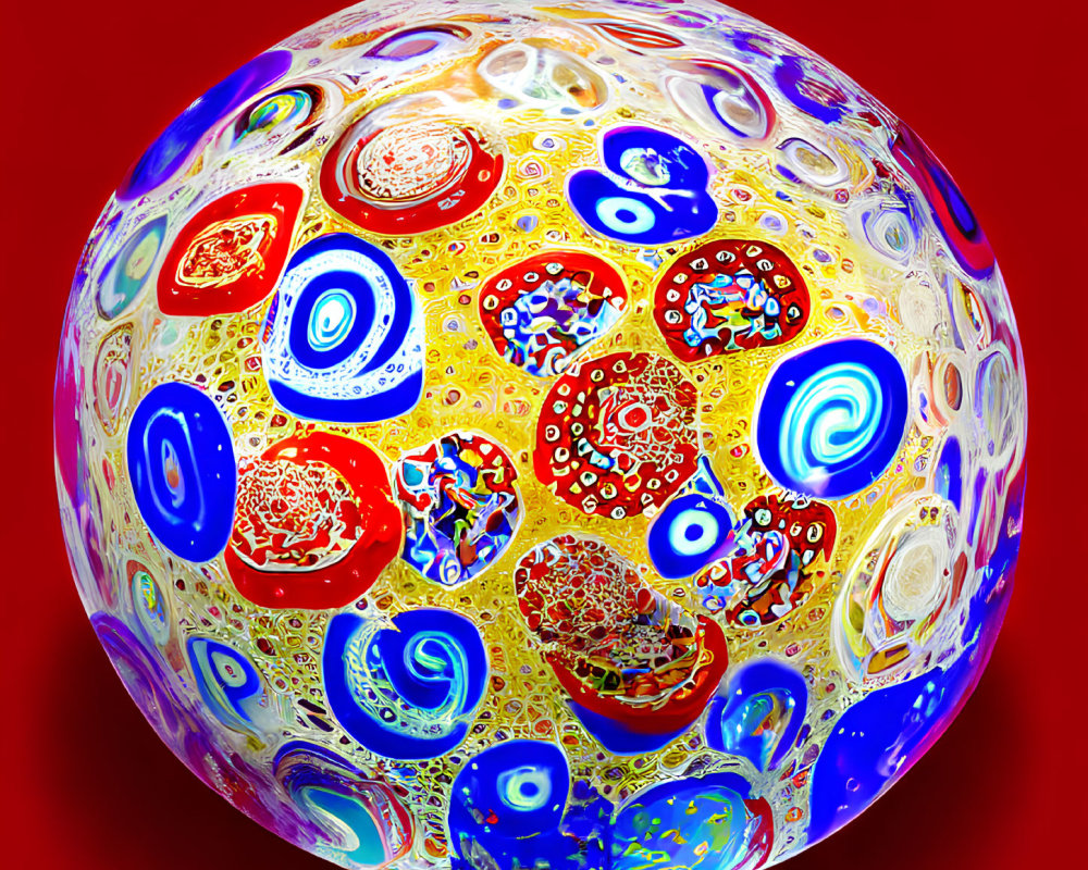 Colorful Abstract Sphere with Swirling Red, Blue, Yellow, and White Patterns