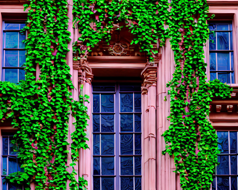 Ornate pink facade of ivy-clad building with tall windows
