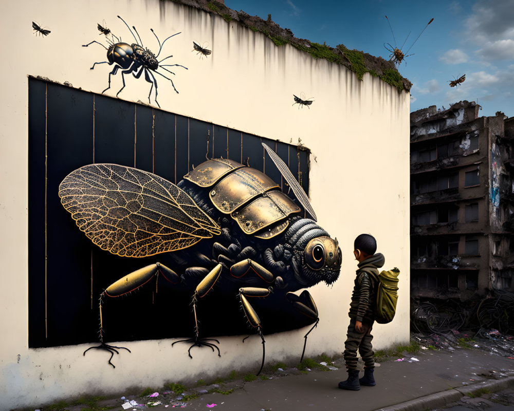 Hooded figure in front of oversized insect mural on urban wall