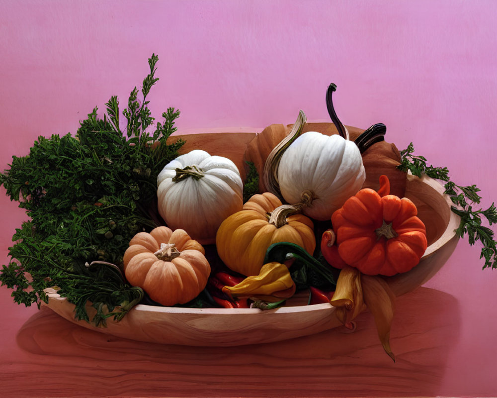 Colorful Pumpkins, Gourds, Herbs, and Chili Peppers in Wooden Bowl on