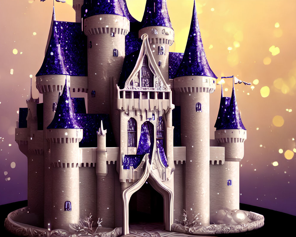 Fantastical castle with starry towers on warm, glittering backdrop