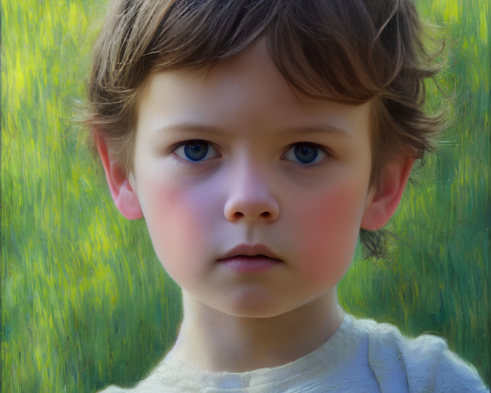 Close-up portrait of young child with blue eyes and brown hair on green and yellow backdrop