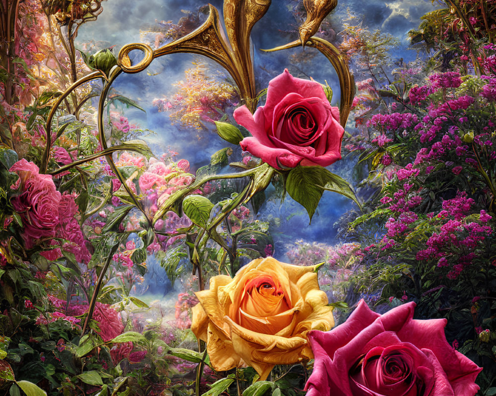 Vibrant pink and yellow roses in fantastical garden scene