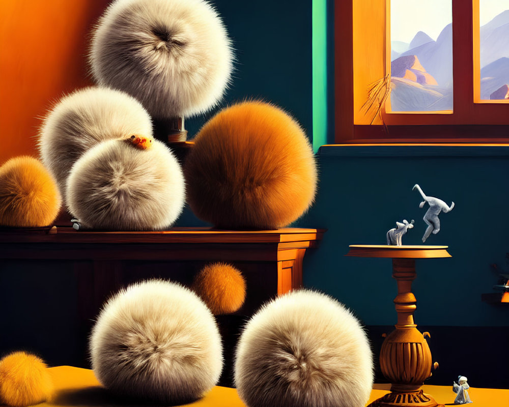 Fluffy Round Animal Paintings in Room with Mountain View