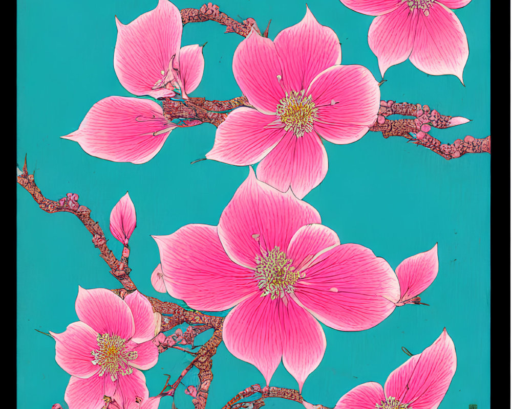 Vibrant pink blossoms on brown branches against teal backdrop