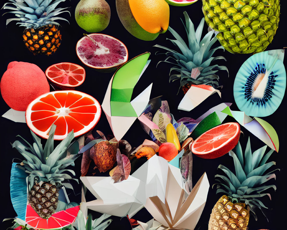 Colorful Fruit and Geometric Shapes Collage on Dark Background