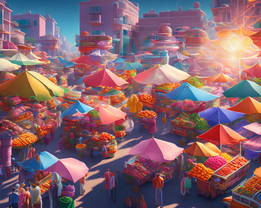 Colorful Street Market with Fruit Stalls and Futuristic Floating Devices