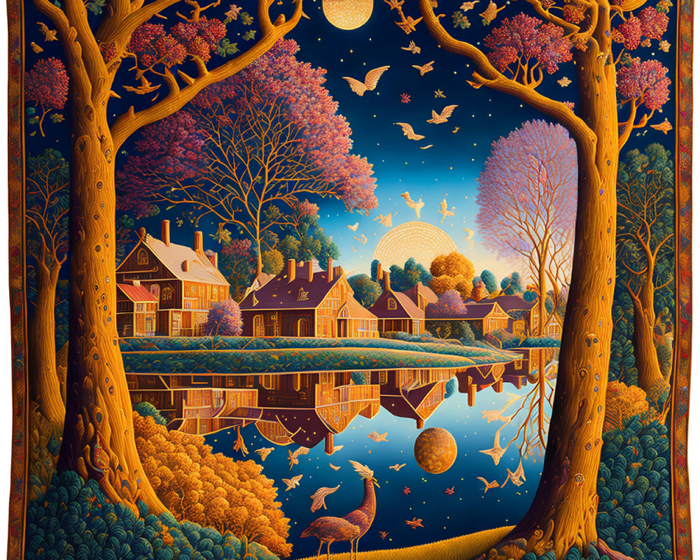 Surrealist landscape with mirrored lake, village, and star-filled sky