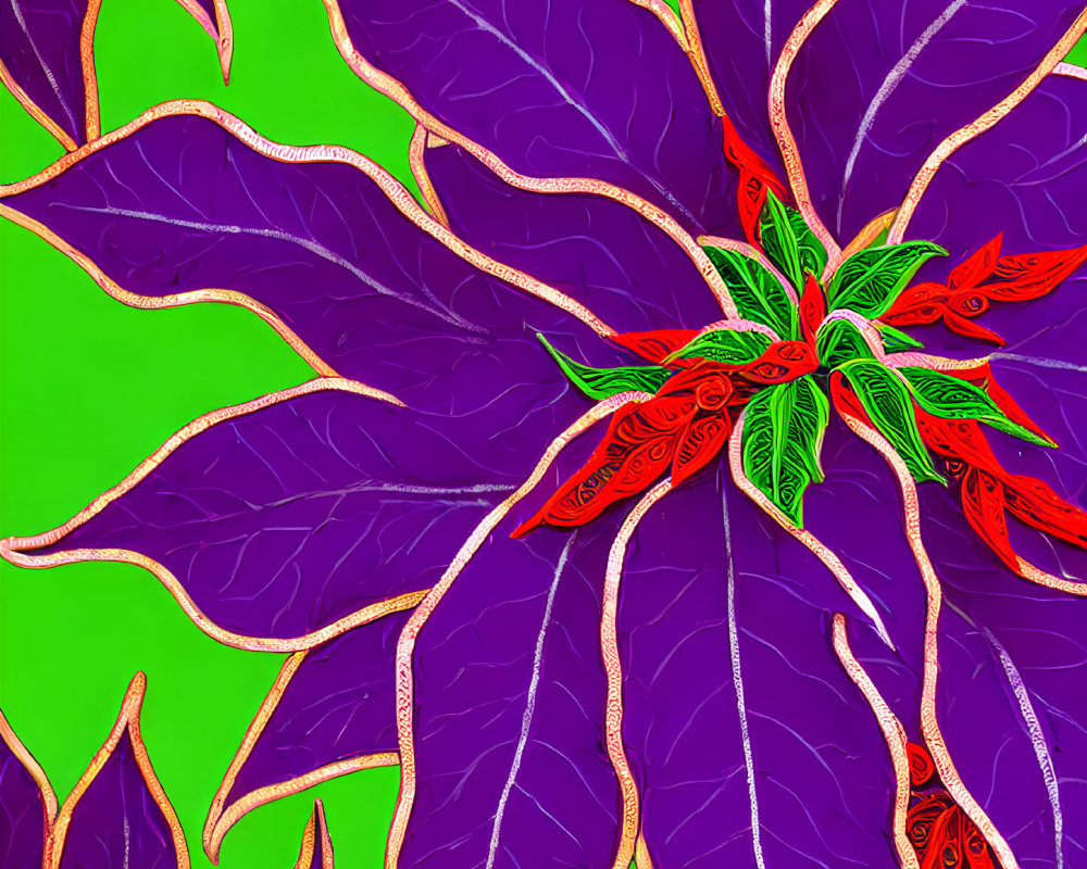 Colorful digital artwork featuring stylized purple leaves with gold and red patterns on green.