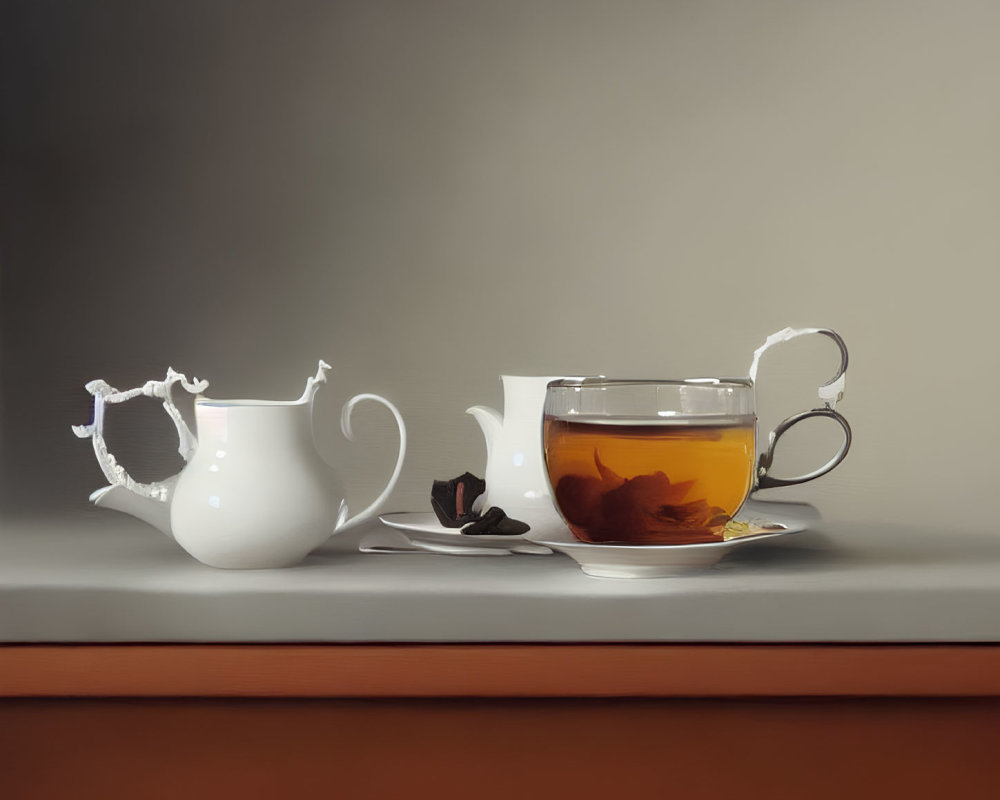White Teapot, Milk Jug, Tea Cup, and Cookie Still Life on Wooden Table