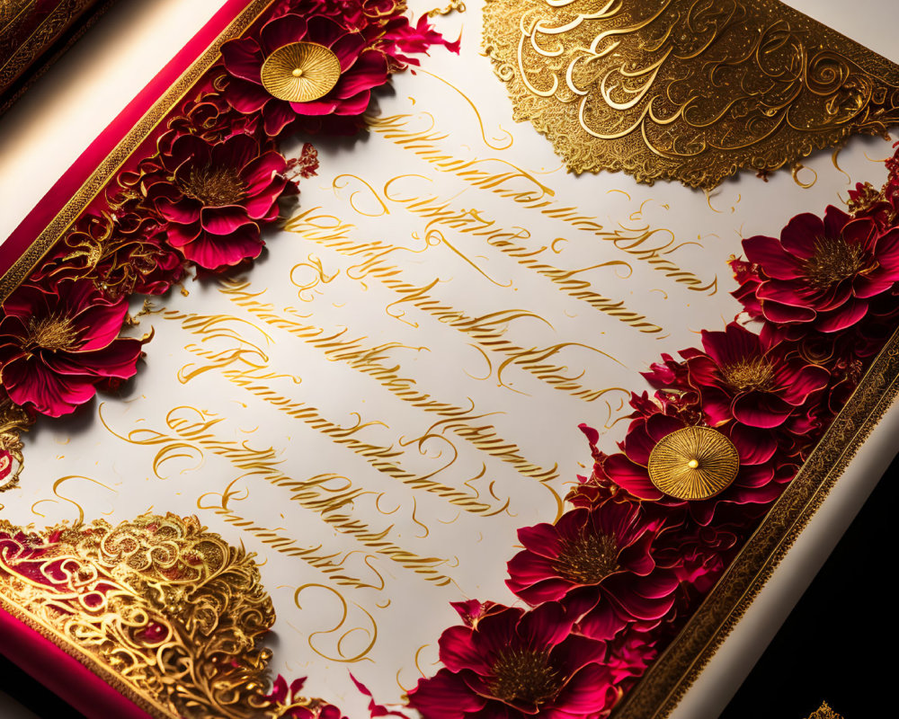 Luxurious Gold Embossed Floral Invitation Card with Deep Red Accents