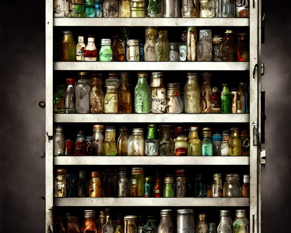 Assorted vintage glass jars in rustic cabinet display