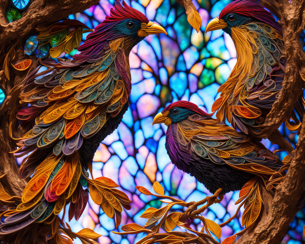 Colorful Stylized Birds Perched on Branches in Vibrant Image