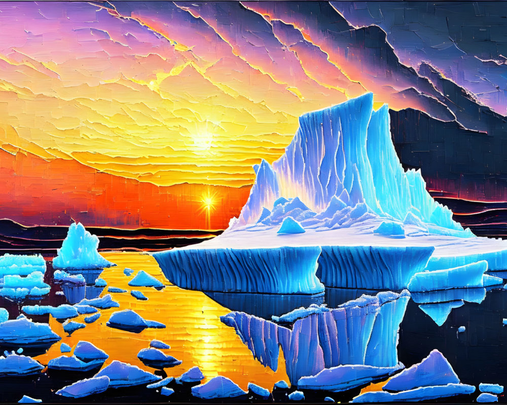 Vibrant painting of large iceberg at sunset with radiant sky and sunbeam.