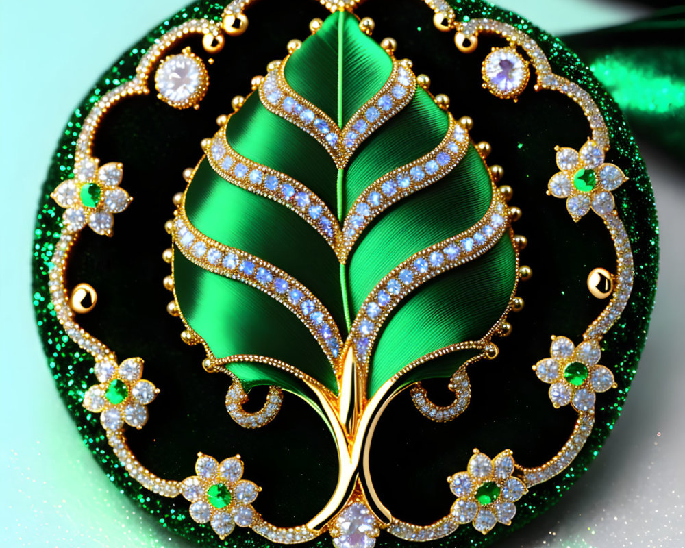 Green and Gold Diamond Pendant with Leaf Design on Sparkling Background