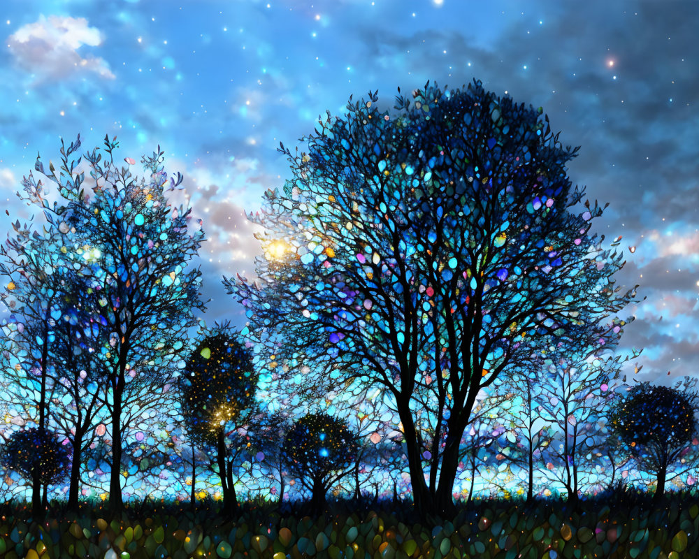 Colorful Trees Under Starry Night Sky with Moon and Glowing Foliage