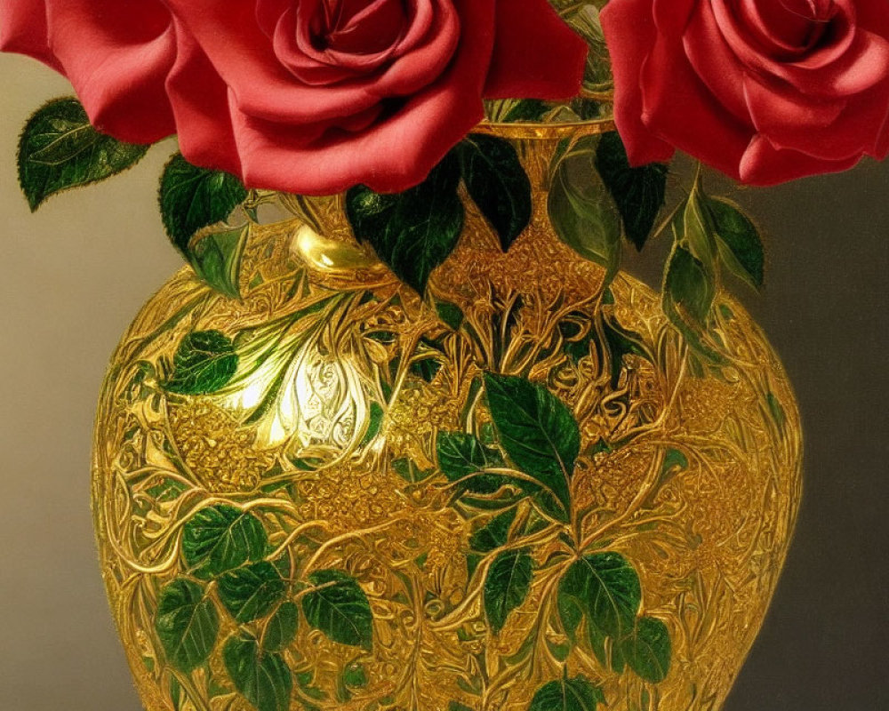 Golden ornate vase with red roses bouquet and green leaves
