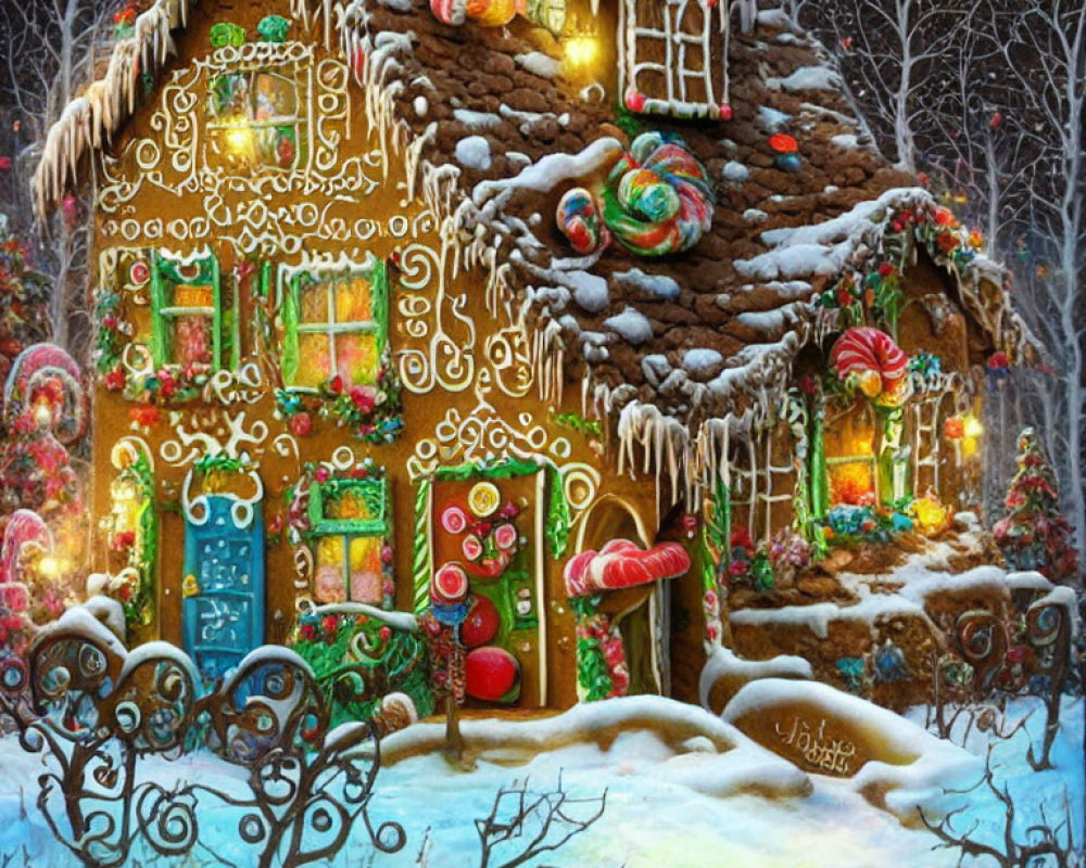 Colorful Candied Gingerbread House in Snowy Forest