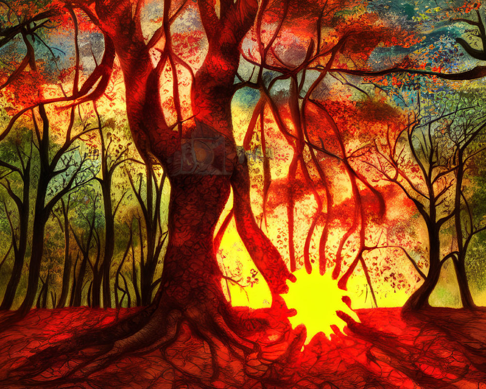 Colorful autumn forest painting with dominant red tree and warm sunlight.