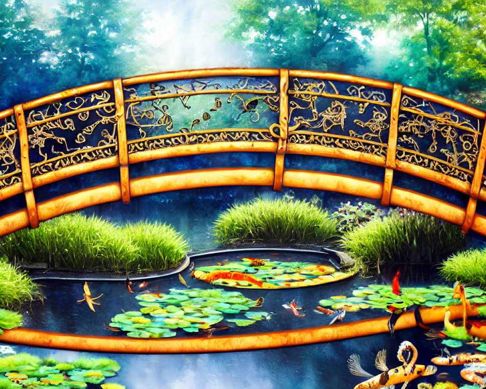 Colorful bridge over pond with koi fish and lily pads surrounded by greenery