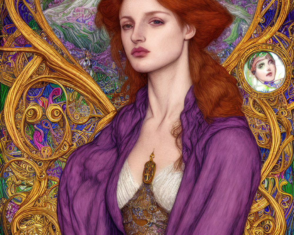 Art Nouveau Image of Woman with Red Hair and Decorative Patterns