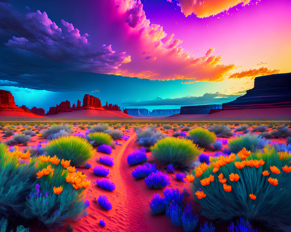 Colorful desert landscape with purple and pink skies, orange flowers, and red rock formations