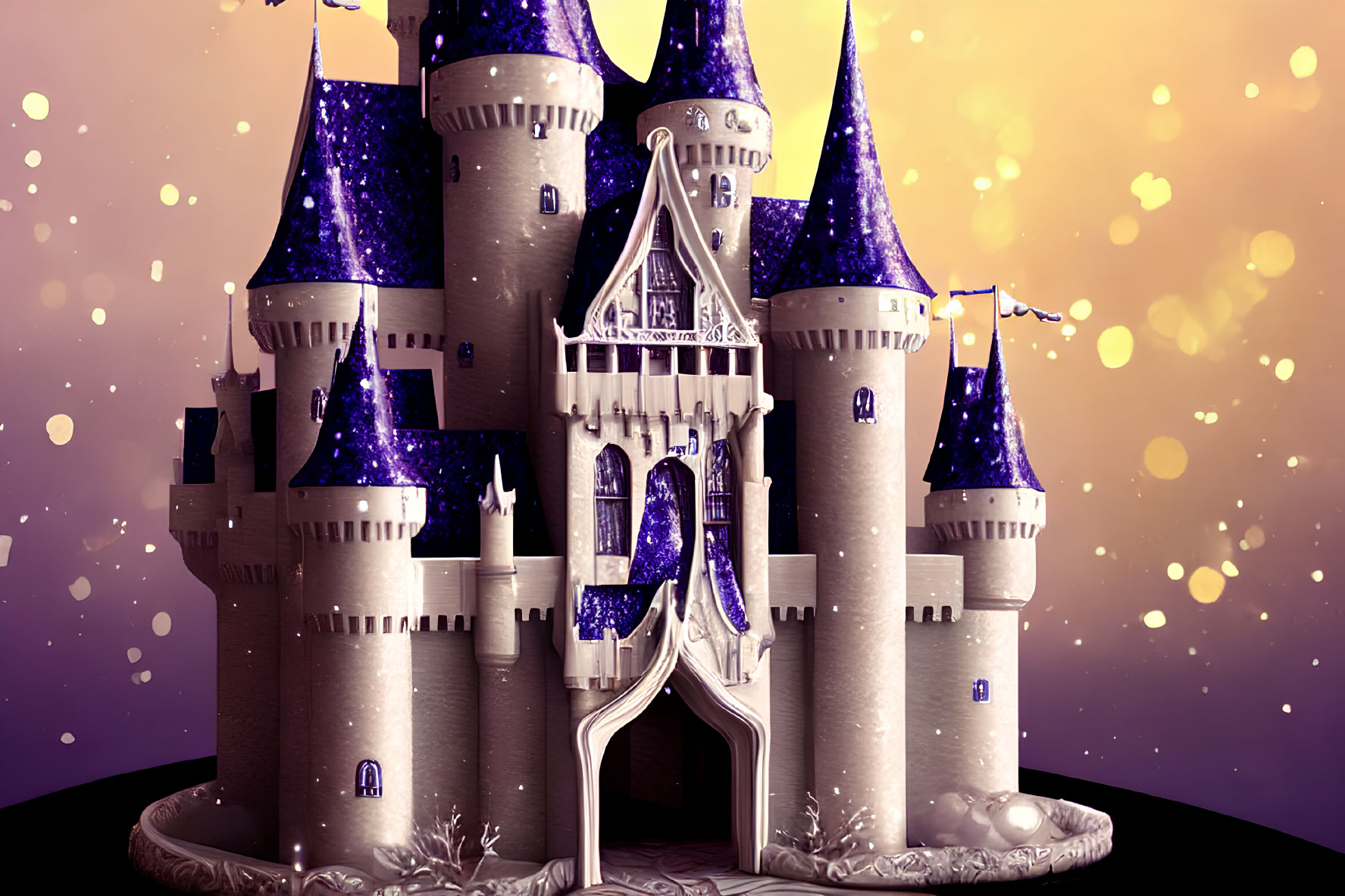 Fantastical castle with starry towers on warm, glittering backdrop