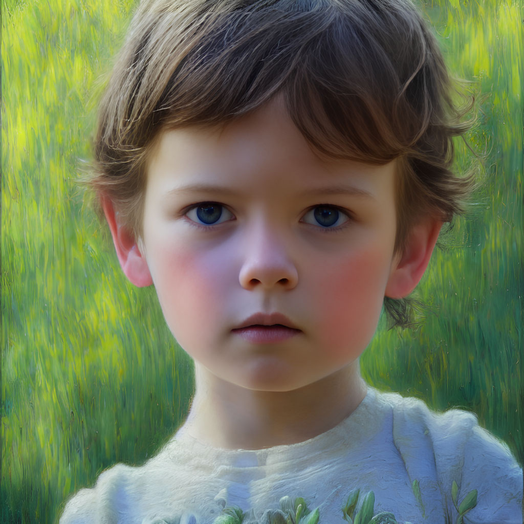 Close-up portrait of young child with blue eyes and brown hair on green and yellow backdrop