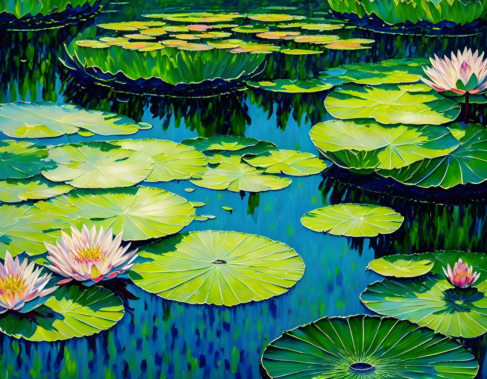Colorful water lilies and green pads in serene pond landscape
