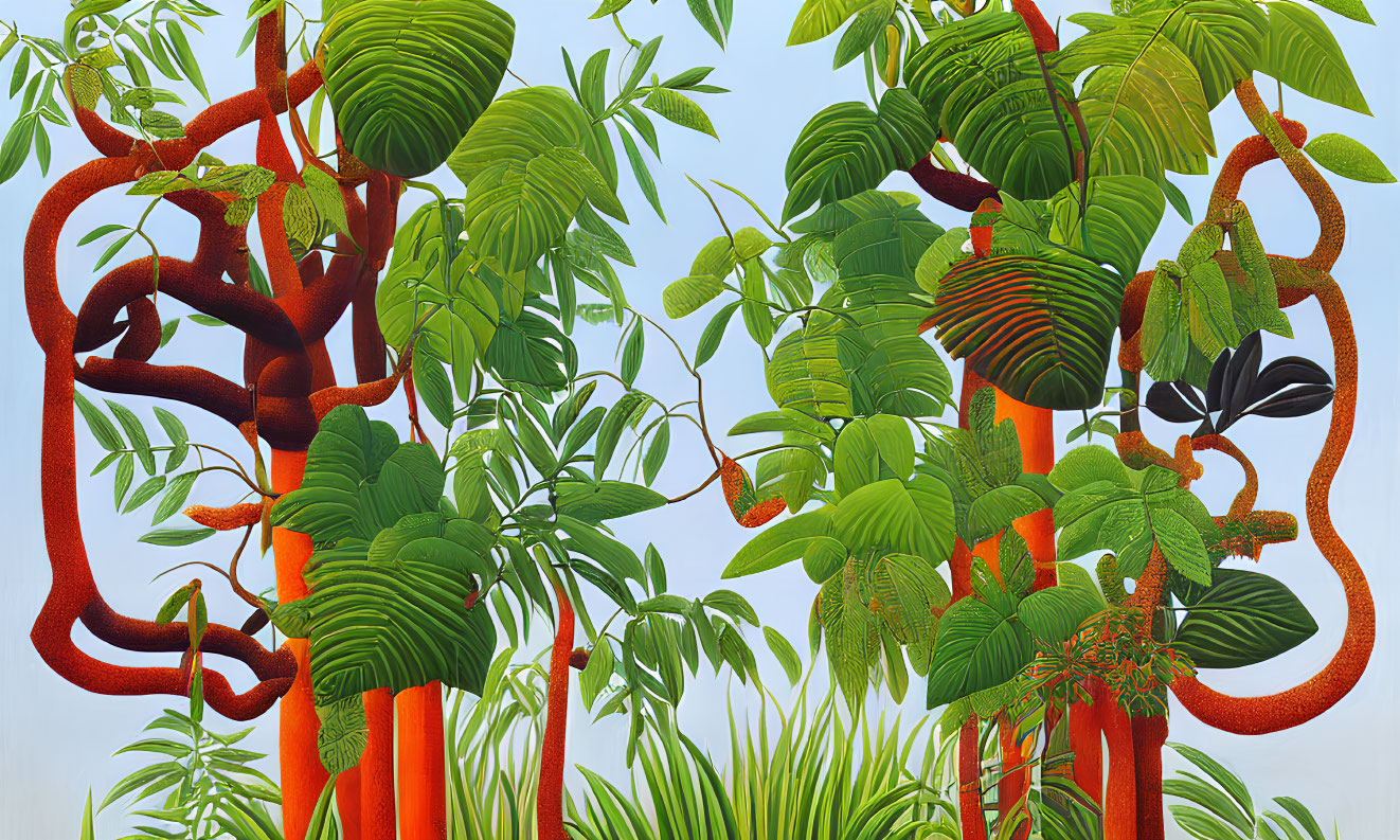 Colorful digital artwork: Red-trunked trees, green leaves, coiled snakes under pale sky
