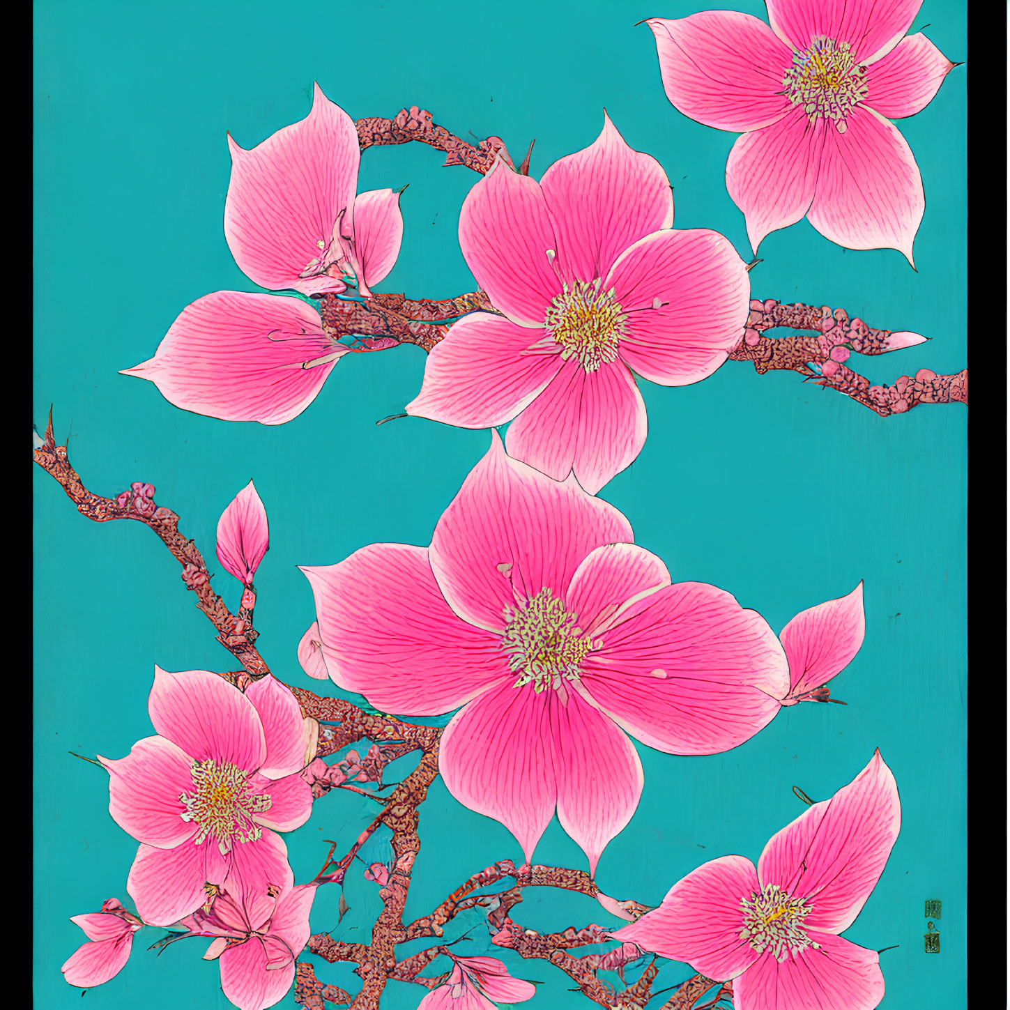 Vibrant pink blossoms on brown branches against teal backdrop