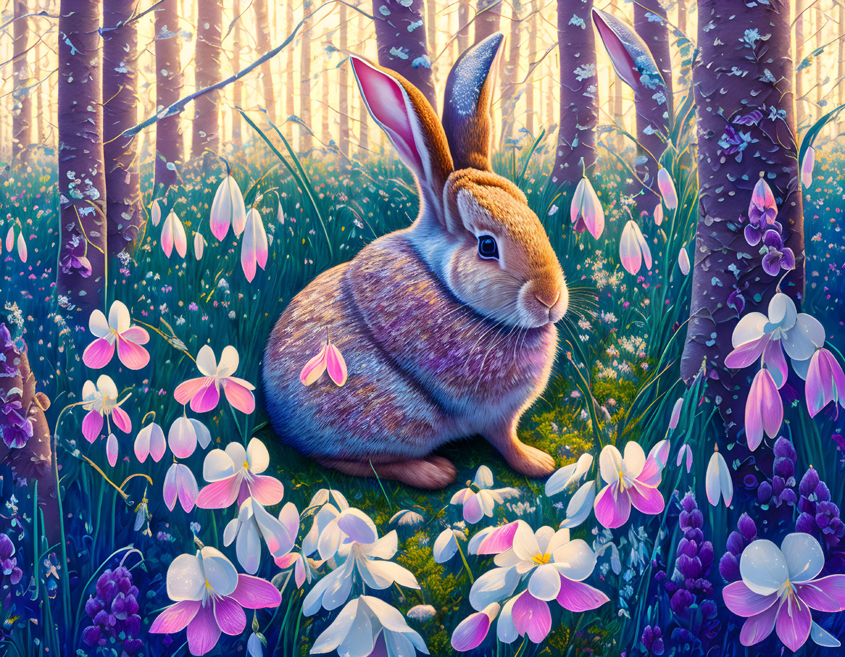 Illustration of rabbit in vibrant forest with sunlight
