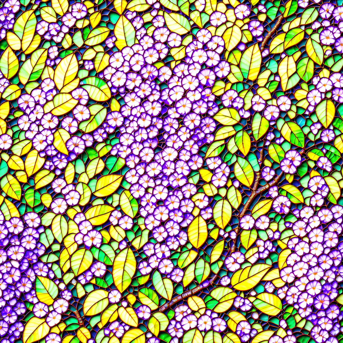 Colorful Floral Pattern with Lilac Flowers and Green-Yellow Leaves