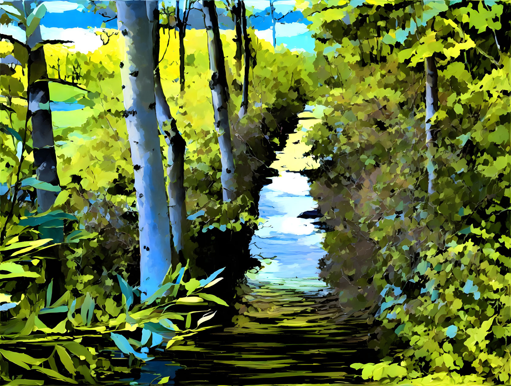 Digital painting of forest path to sunlit clearing surrounded by greenery & blue skies