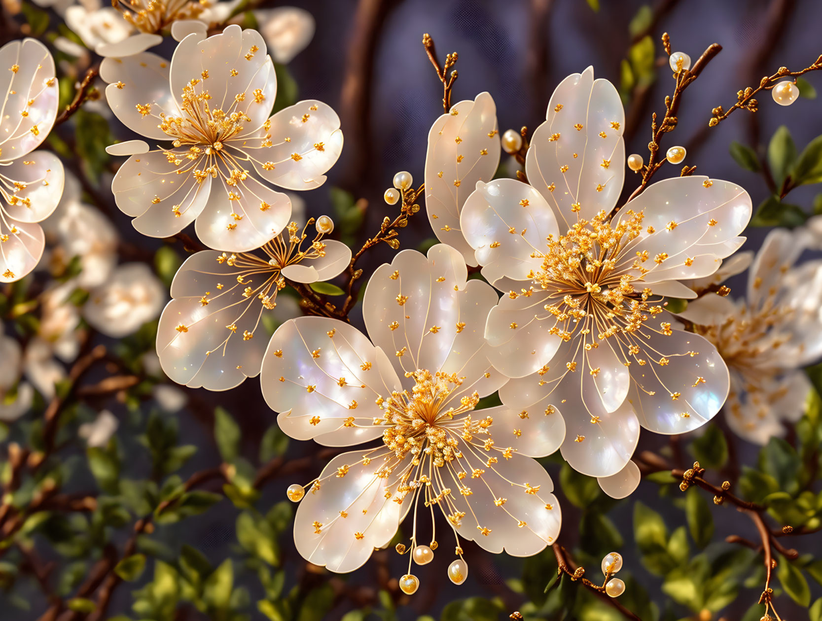 Delicate white cherry blossoms with golden stamens and dewdrops in blurred springtime background
