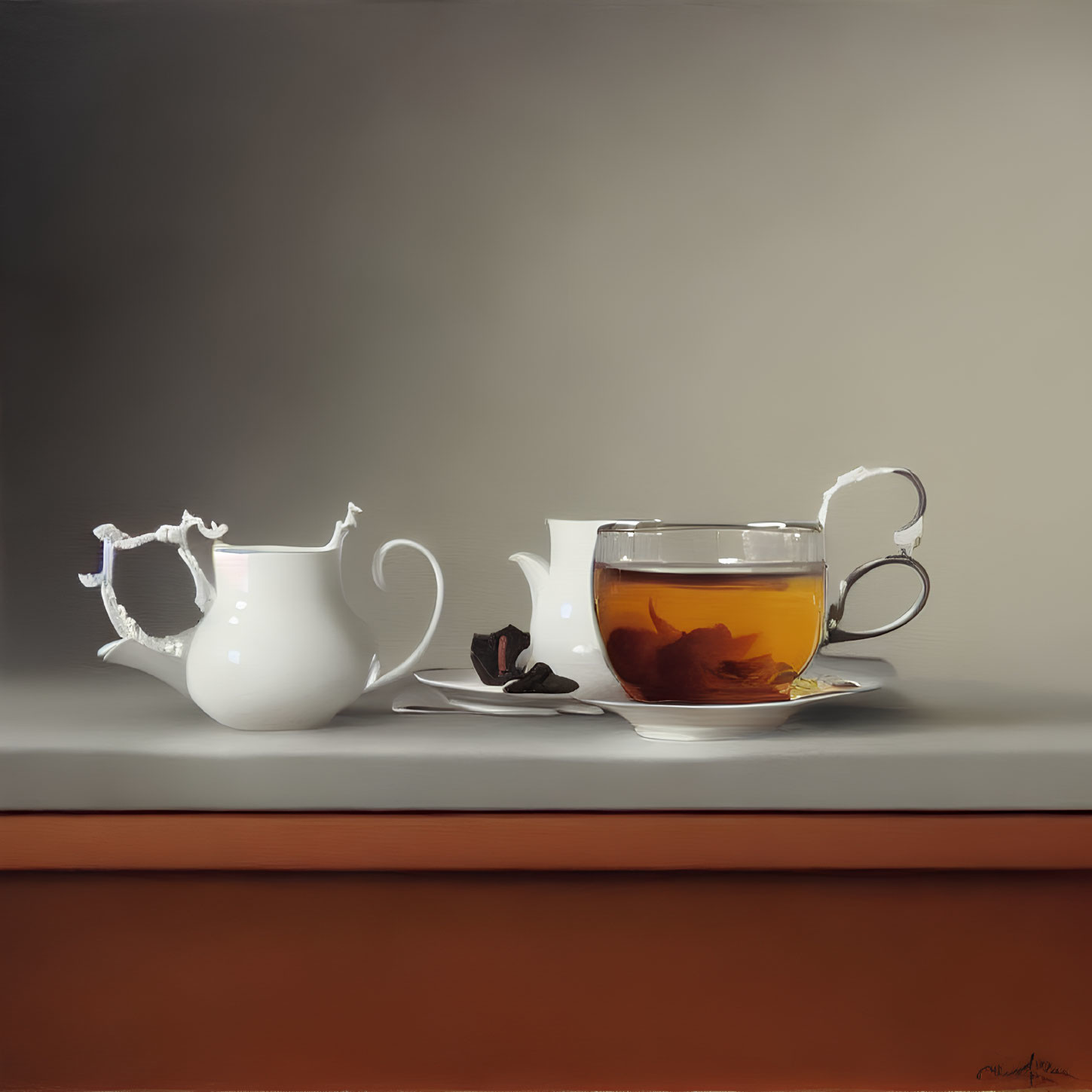 White Teapot, Milk Jug, Tea Cup, and Cookie Still Life on Wooden Table