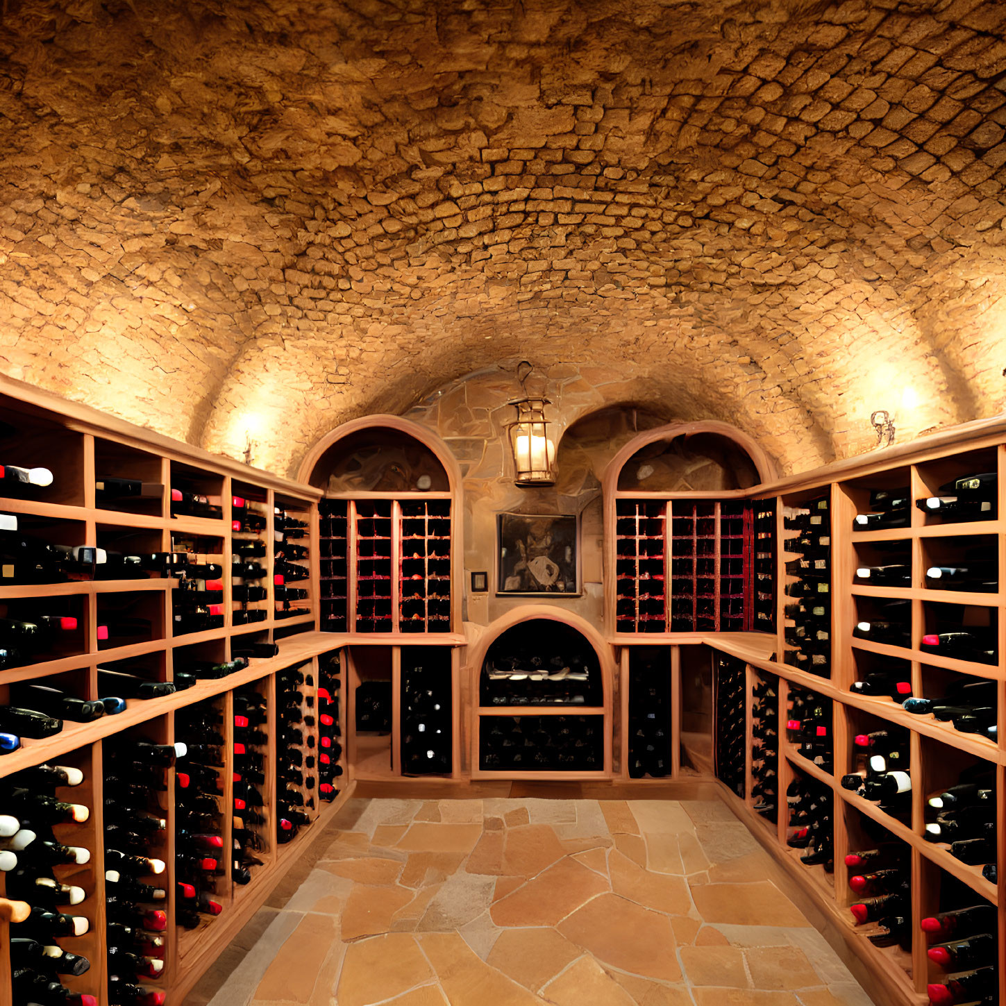 Spacious Wine Cellar with Stone Walls and Wooden Wine Racks