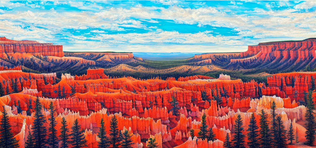 Colorful Canyon Landscape Painting with Red Spires, Green Trees, and Blue Sky