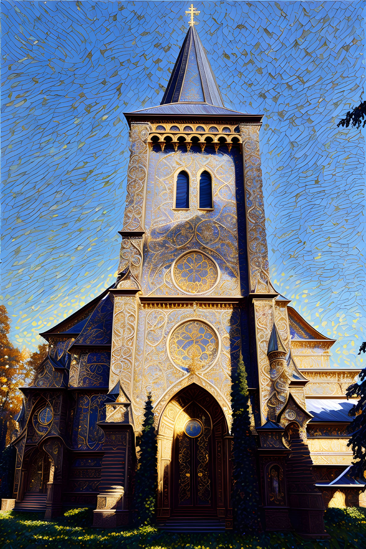 Intricate church with tall steeple against blue sky and trees
