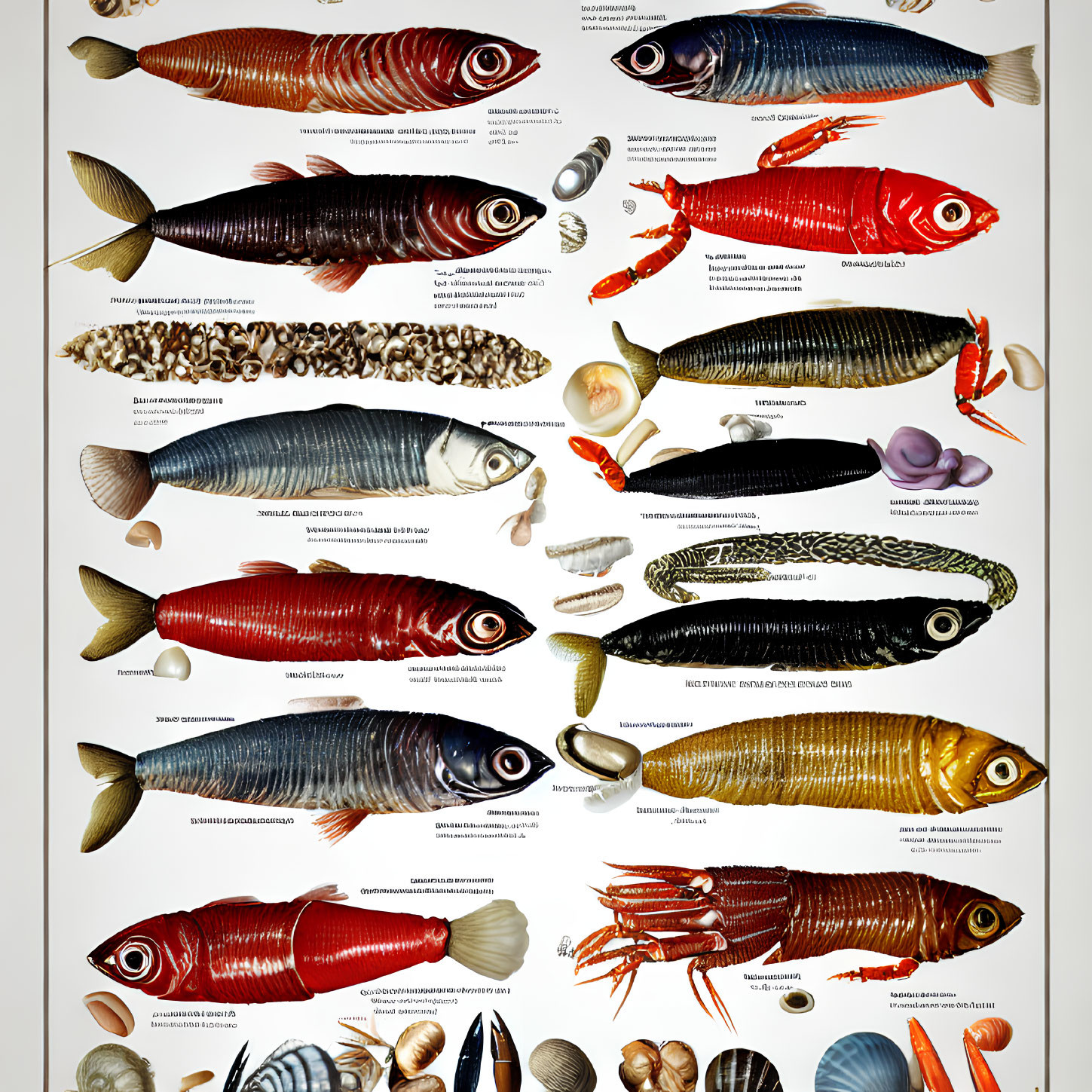 Grid format display of fish and crustaceans with annotations on white background